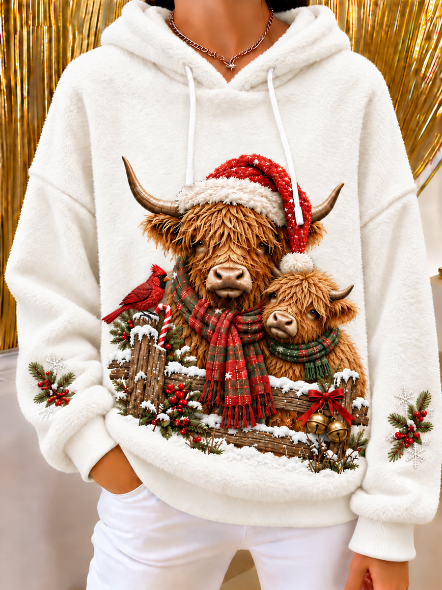 Women's Christmas Highland Cow Art Print Flannel Hoodie