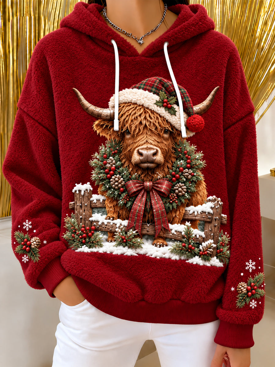 Women's Christmas Highland Cow Art Print Flannel Hoodie