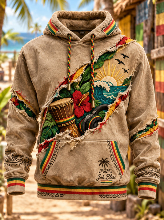 Men's Reggae Art Oversized Drop-Shoulder Hoodie With Pockets