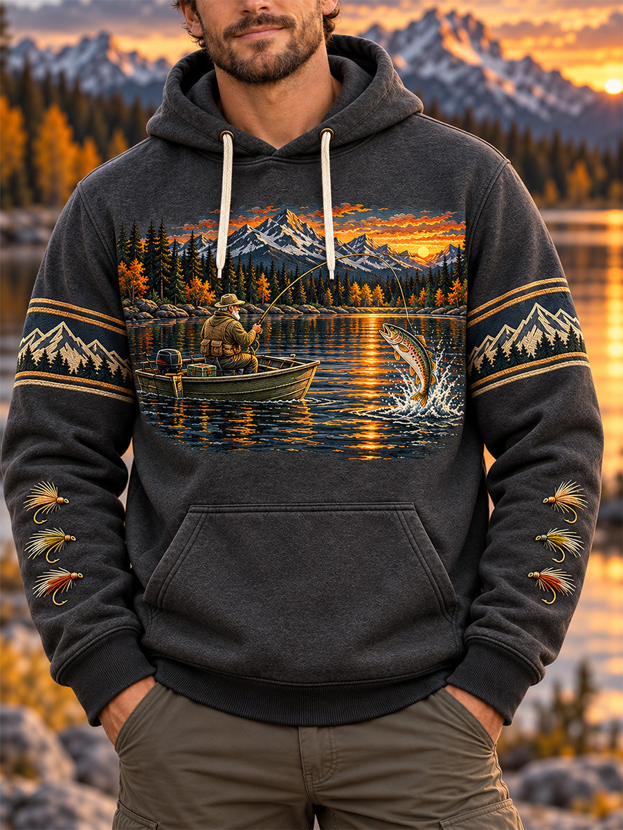 Men's Vintage Wilderness Fishing Print Oversized Drop-Shoulder Hoodie with Pockets