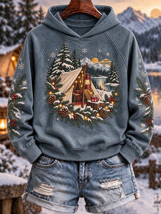 Women's Christmas Winter Camping Print Hoodie