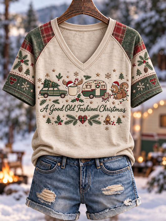 Women's Christmas Winter Camping Print V-neck T-shirt