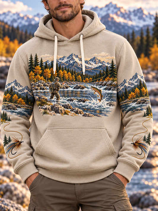 Men's Vintage Wilderness Fishing Print Oversized Drop-Shoulder Hoodie with Pockets