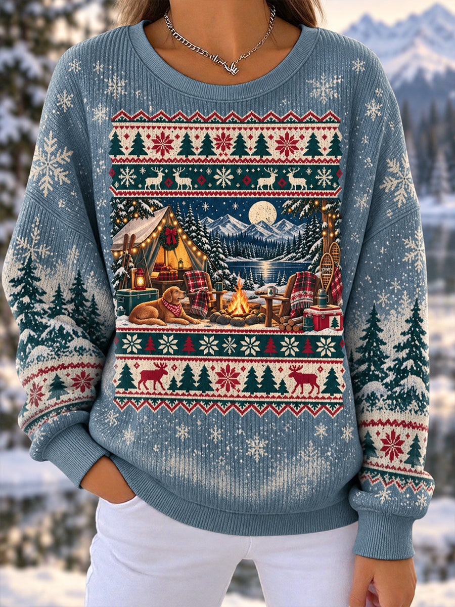 Women's Christmas Winter Camping Print Ribbed Sweatshirt