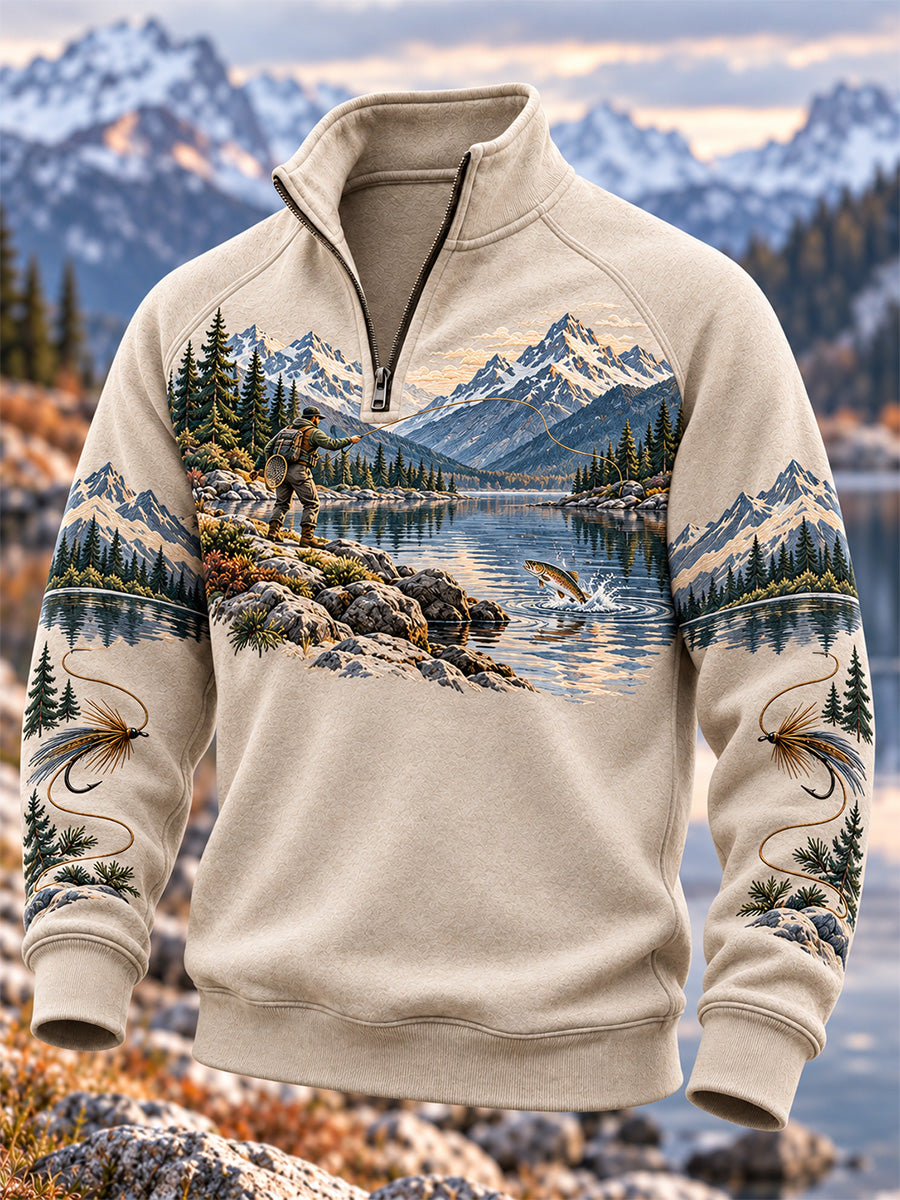 Men's Vintage Wilderness Fishing Print Zip-Up Hoodie