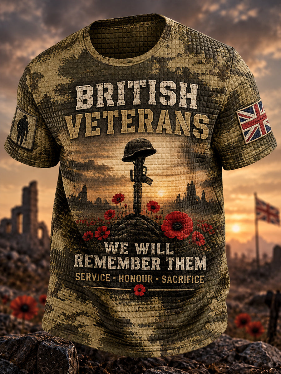 Men’S Waffle-Knit Short-Sleeve T-Shirt With Military Veteran-Themed Graphic Print