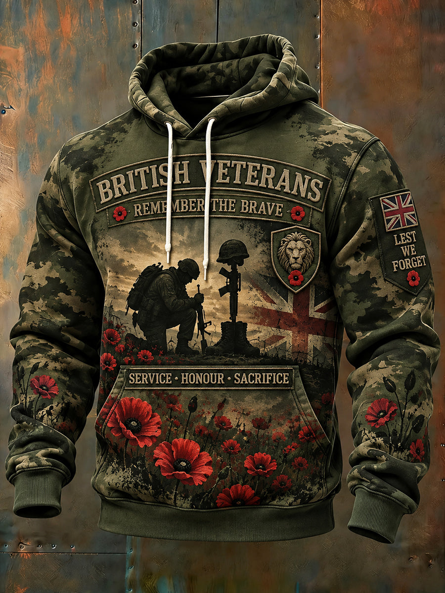Men’S Long-Sleeve Hooded Sweatshirt With Military Veteran-Themed Graphic Print