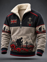 Men's Lest We Forget Print Plush Stand Collar Shirt